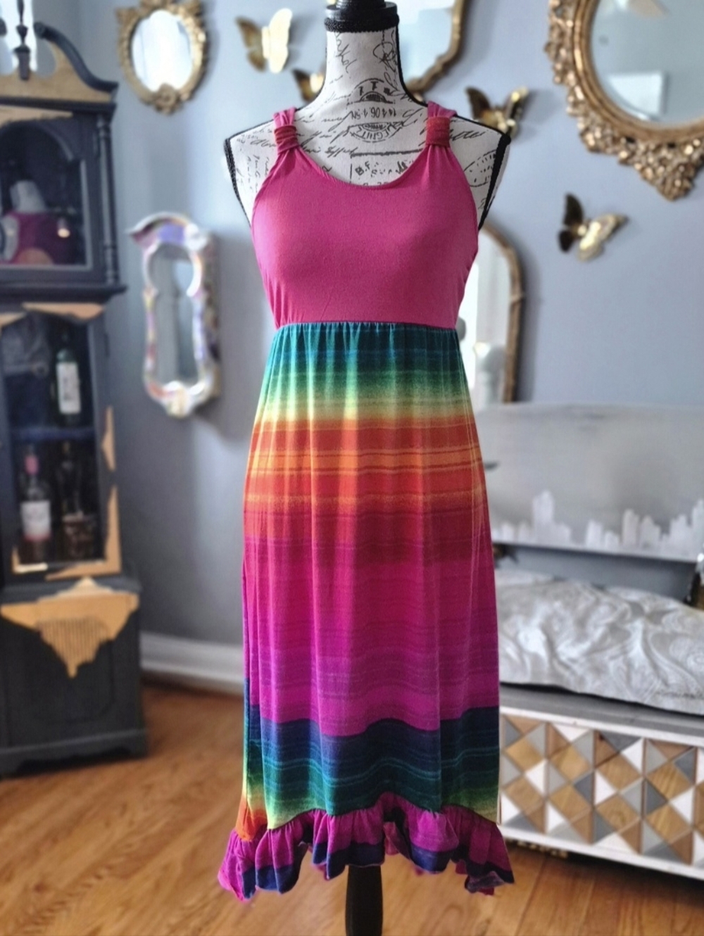 Sleeveless LGBTQ Pride Rainbow Ombre Ruffle Hem Midi Dress XL